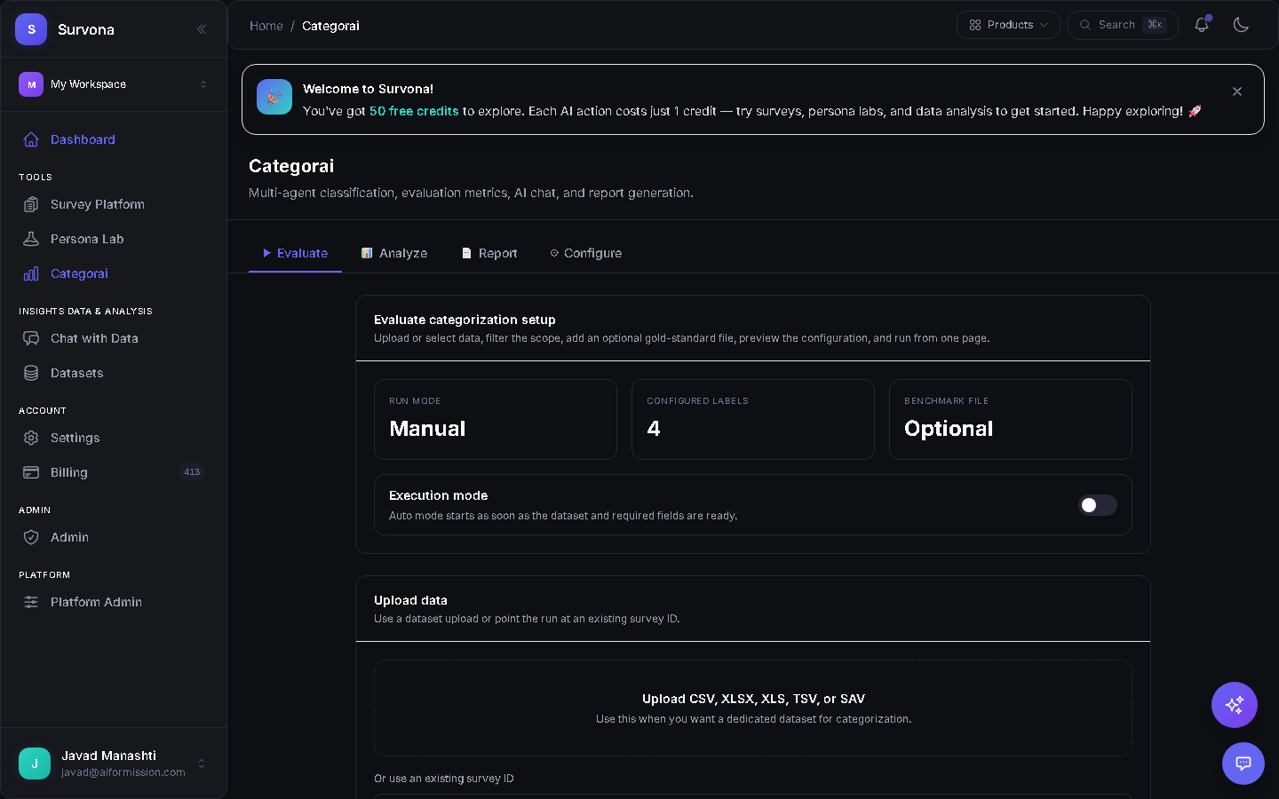Categorai evaluation interface with classification modes and label configuration